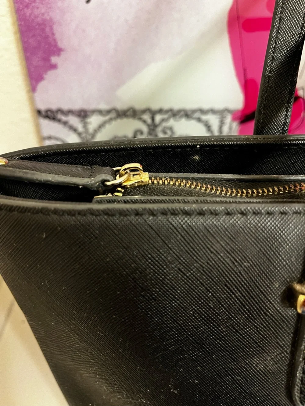 kate spade Black Saffiano Tote with Gold Logo Accents